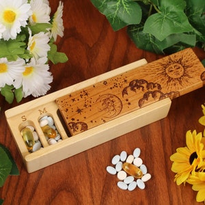 Cloudy Sun and Moon 7 Day Pill Box, Wooden Pill Box, Lacquer & Oil Finish, Pill Case, by Paul Szewc of Masterpiece Laser