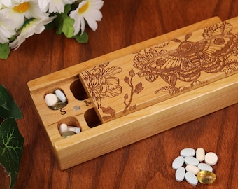 Cute Moth Pill Organizer 7 Day Twice A Day AM PM Wooden Pill Box For The Week, Cherry Wood with Lacquer & Oil Finish by Masterpiece Laser