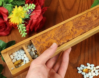 Large 7 Day Pill Case, Cute Moth Weekly Pill Organizer in Solid Cherry Hardwood by Paul Szewc of Masterpiece Laser