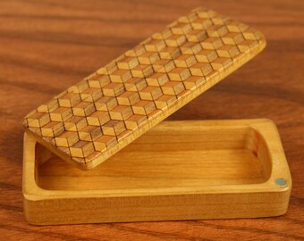Cube pattern Stash Box, 5" x 2" x 1", Pattern ST1, Solid Cherry, Rare Earth Magnets for closure and security, Paul Szewc, Masterpiece Laser