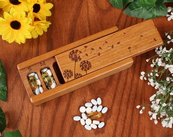 Pill Box 7 Day Organizer Dandelion Puff, Wooden Pill Container with Lacquer & Oil Finish, Pill Case by Paul Szewc of Masterpiece Laser