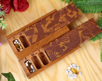 Day and Night Weekly Pill Box with Flock of Crows Bird Art Laser Engraved, A Cherry Wood Pill Organizer in Lacquer/Oil Finish by Paul Szewc