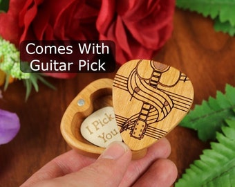 Custom Guitar Pick Holder Guitar Player Gift for Him or For Her, I Pick You Guitar Pick Bundle, Cherrywood Guitar Pick Box Guitar Accessory