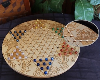 Chinese Checkers Board Wood Board Game with 16mm Marbles & Laser Engraved Dragon Pattern,  18 5/8" x 1/2" by Paul Szewc