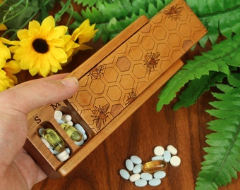 Honey Bee Vitamin Box, 7 Day Pill Box, Wooden Pill Box with Lacquer and Oil Finish by Paul Szewc of Masterpiece Laser