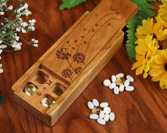 Wood Pill Case Weekly Pill Organizer Rustic Dandelion Home Décor, Day/Night Weekly Pill Box in Cherrywood with Lacquer and Oil Finish
