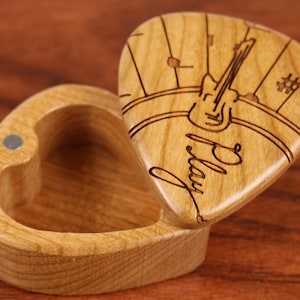 Guitar Pick Box, 2-1/4" x 2" x 1 D", Play Deep, G38, Solid Cherrywood, Laser Engraved, P. Szewc