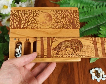 Large Wood Pill Organizer Halloween Wild Wolf AM PM, Witch Theme Pill Box Lacquer/Oil Finish, Paul Szewc Masterpiece Laser