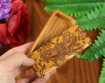 Cute Moth Stash Box in Solid Cherry Wood with strong magnetic closure Approx.  5" x 2" x 1" by Paul Szewc of Masterpiece Laser