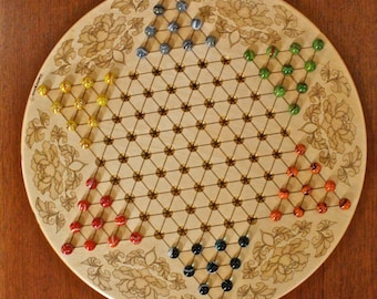 High Quality Large Chinese Checkers w 16mm/5/8" designer Marbles- Flower Pattern Laser Engraved, 18 5/8" Dia x 5/8" thick, Paul Szewc