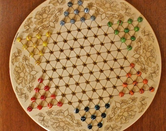 High Quality Large Chinese Checkers with 16mm/5/8" designer Marbles- Flower Pattern, Laser Engraved,  18 5/8" x 1/2" thick,  Paul Szewc