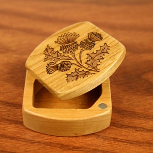 Mini Storage Box - MB Scottish Thistle Pattern Wooden Box, Solid Cherry, 1-3/4"L x 1-7/8"W x 7/8"D, P.Szewc, Masterpiece Laser