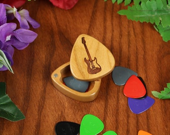 Personalized Electric Guitar Pick Holder Box with Magnet Closure, Holds 10 Picks, Cherry Wood 2-1/4" x 2" x 1 D", Guitar Gifts For Him