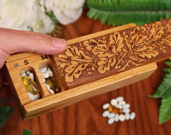Weekly Pill Box Oak Leaf & Acorn Autumn Decor, 7 Day Wood Oak Tree Art Pill Organizer in Cherry with Lacquer/Oil Finish by Masterpiece Laser