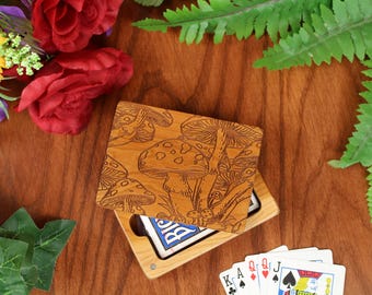 Wood Playing Card Holder, Cute Mushroom Cap Engraved Wooden Playing Card Carrying Case Made From Solid Cherry by Paul Szewc