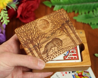 Wood Playing Card Holder Wolf in Fullmoon Engraved Wood Card Deck Box Made From Solid Cherry by Paul Szewc