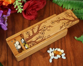 7 Day Pill Box Cute Cherry Blossom Rustic Home Décor, Wooden Pill Organizer and Pill Case Lacquer & Oil Finish, Sakura Japanese Decor