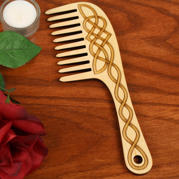 Wooden Hair Comb, Celtic Knot Laser Engraved, Solid Hard Maple, 9"L x 3"W x 3/8", D Paul Szewc