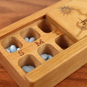 Sun and Moon Day/Night Single Weekly Pill Box, Solid Cherry Hardwood, Lacquer and Oil Finish, Masterpiece Laser