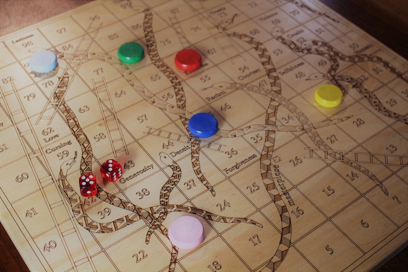 Large Snakes and Ladders, 19 x 19 x 3/4, Birch Plywood Board, Up to 6 Players, Classic Board Game, Masterpiece Lasered Wood image 3