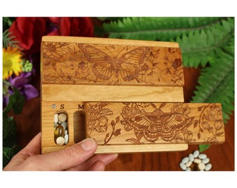 Moth & Butterfly Cute Pill Organizer a Day and Night Weekly Pill Box in Cherry Wood with Lacquer/Oil Finish by Paul Szewc