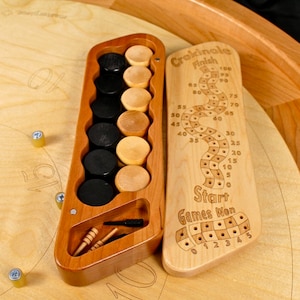Crokinole Counter w/Standard 1-1/4&quot; wooden biscuits B/N + scoring pegs, Solid Hard Maple Top and Cherry Bottom, Laser Engraved, Paul Szewc