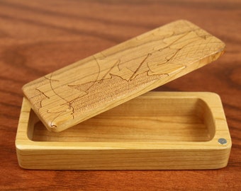 Storage Box Leaves Pattern, 5" x 2" x 1", Pattern ST8, Solid Cherry, Rare Earth Magnets, Small Money Box, Paul Szewc, Masterpiece Laser