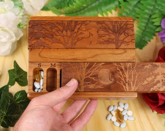 Day and Night Weekly Pill Box, Forest Birds and Forest Moon Pattern, Lacquer/Oil Finish, Cherry Lid and Bottom, Paul Szewc