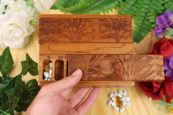 Day and Night Weekly Pill Box, Forest Birds and Forest Moon Pattern, Lacquer/Oil Finish, Cherry Lid and Maple Bottom, Paul Szewc
