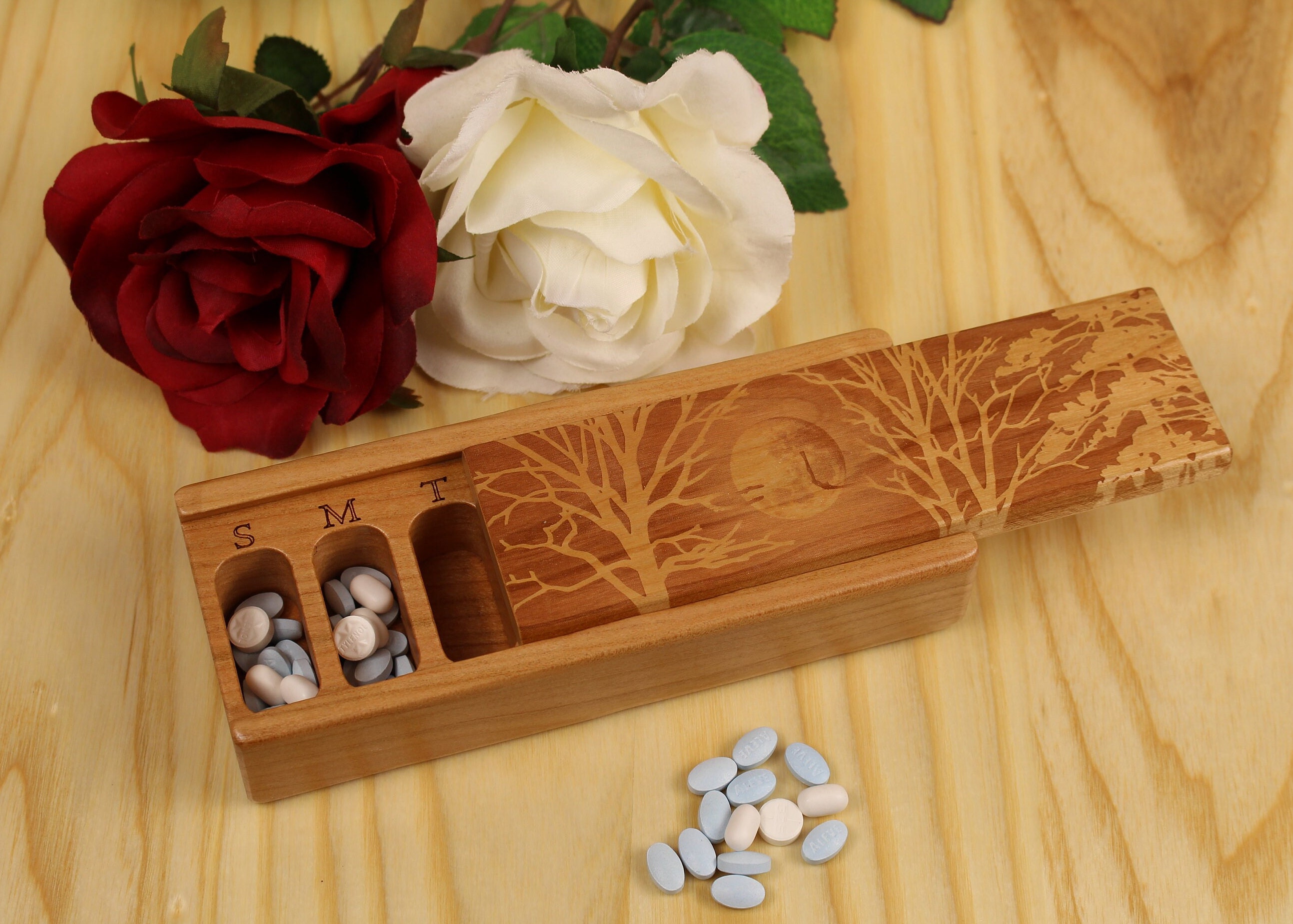 Forest with Moon 7 Day Pill Box, Wooden Pill Box, Lacquer & Oil Finish, Pill Case, by Paul Szewc of Masterpiece Laser