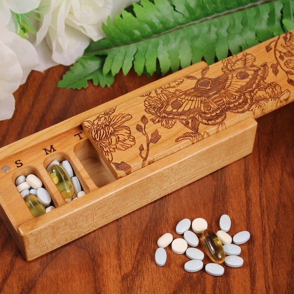 7 Day Pill Box Cute Moth Rustic Home Décor, Wooden Pill Organizer and Pill Case Lacquer & Oil Finish by Paul Szewc of Masterpiece Laser