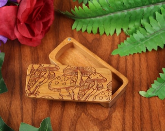 Cute Mushroom Stash Box in Solid Cherry Wood, Great Travel Pill Box or Jewelry Box for Purse by Paul Szewc of Masterpiece Laser