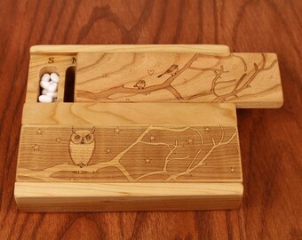 Day and Night, Double Weekly Pill Boxes, Chickadee Bird and Owl, Lacquer/Oil Finish, Paul Szewc, Masterpiece Laser