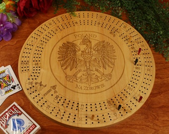 Round Cribbage Board Engraved with Polish Eagle, 3 Player Cribbage Board, Three Track Crib Board, Cribbage Board With Peg Storage