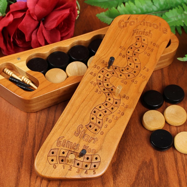 Crokinole Score Keeper with standard 1-1/4" wooden biscuits and scoring pegs, Solid Cherry Top and Solid Cherry Bottom