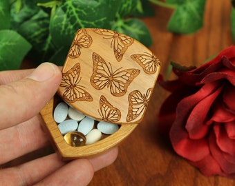 Small Magnet Box with Lid | Monarch Butterflies | Wooden Box of Solid Cherry, 1-3/4"L x 1-7/8"W x 7/8"D, Masterpiece Laser
