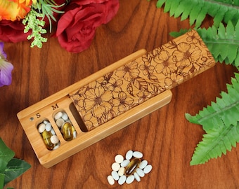 7 Day Pill Box Cute Flowers Home Décor, Floral Plant Aesthetic Wooden Pill Organizer and Pill Case Lacquer & Oil Finish