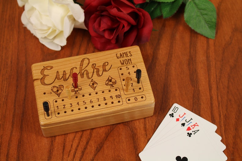 Euchre Counter, Solid Cherry Wooden Euchre Counter Set Laser Engraved, Paul Szewc, Masterpiece Gallery image 1