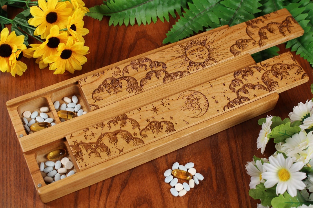 Large Pill Organizer 7 Day Twice A Day Am Pm Cute Sun & Moon Engraving In Cherry Wood with Lacquer/Oil Finish by Paul Szewc