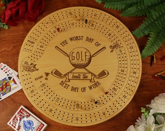 Wooden Cribbage Peg Board For Golf Lovers, Round Shape Golf Design With Peg Storage