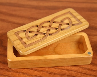 Stash Box, 5" x 2" x 1", ST6 Celtic Knot, Solid Cherry, Rare Earth Magnets for closure and security, Paul Szewc, Masterpiece Laser