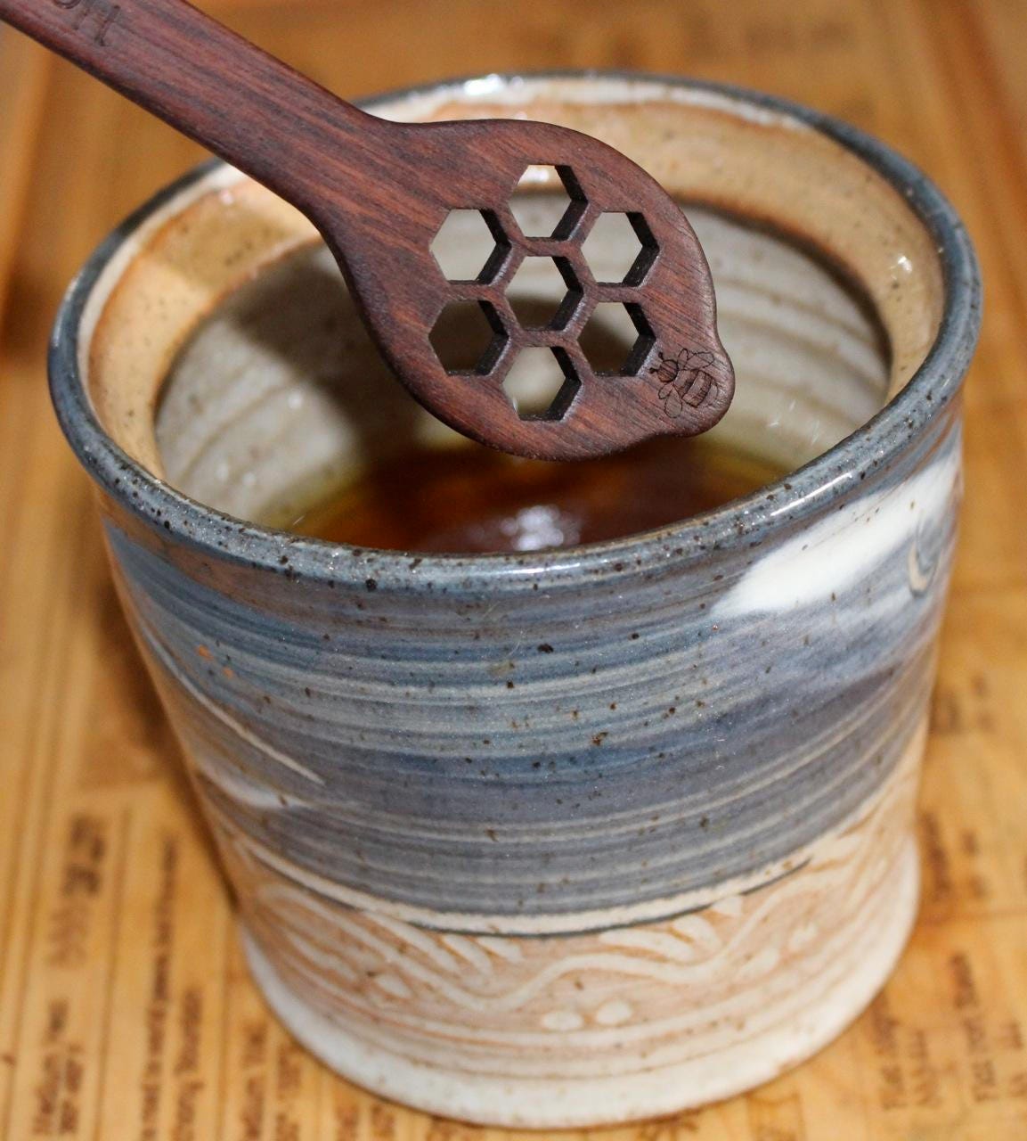 Honey Dipper Short Handle, Honey Stick, Utensil, Bee Hard Walnut Lasered Masterpiece Laser, Paul Sze