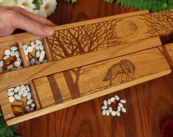 Wolf In Full Moon Large Pill Organizer 7 Day Twice A Day Am Pm Engraved In Cherry Wood with Lacquer/Oil Finish by Paul Szewc