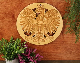 Polish Eagle Wood Plaque Wall Art, Warm Pot Trivet Poland Kitchen Wall Art, Laser Engraved by Paul Szewc of Masterpiece Lasered Wood