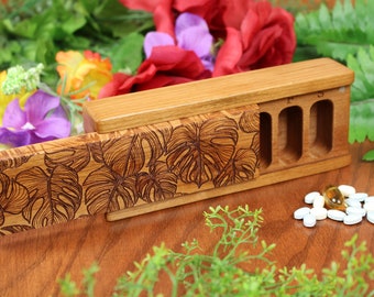 Pill Organizer Tropical Plant Leaf, Rustic 7 Day Pill Box, Wooden Pill Box with Lacquer/Oil Finish by Paul Szewc of Masterpiece Laser