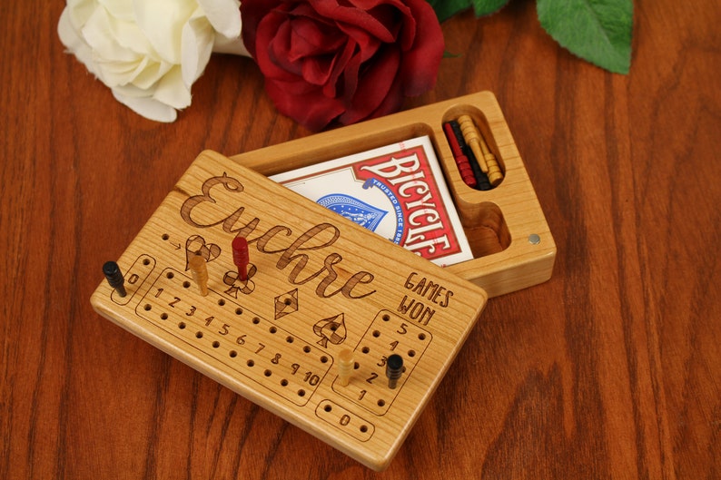 Euchre Counter, Solid Cherry Wooden Euchre Counter Set Laser Engraved, Paul Szewc, Masterpiece Gallery image 3