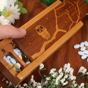Wooden Pill Box, Owl, 7 day pill box Laser Engraved, Lacquer & Oil Finish, Pill Case, Solid Cherry, Paul Szewc, Masterpiece Laser