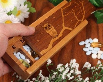 Wooden Pill Box, Owl, 7 day pill box Laser Engraved, Lacquer & Oil Finish, Pill Case, Solid Cherry, Paul Szewc, Masterpiece Laser