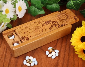 Cloudy Sun and Moon Day/Night Single Weekly Pill Box, Solid Cherry Hardwood, Lacquer and Oil Finish, Masterpiece Laser