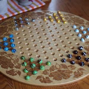 Chinese Checkers Game Board Flower Pattern Wooden Board Game with 16mm-5/8" designer Marbles, Laser Engraved, 18 5/8"x1/2" thick, Paul Szewc